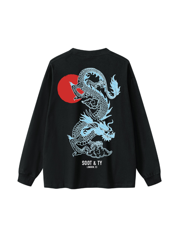 Blue Dragon Graphic Oversized Long T-Shirt – Black