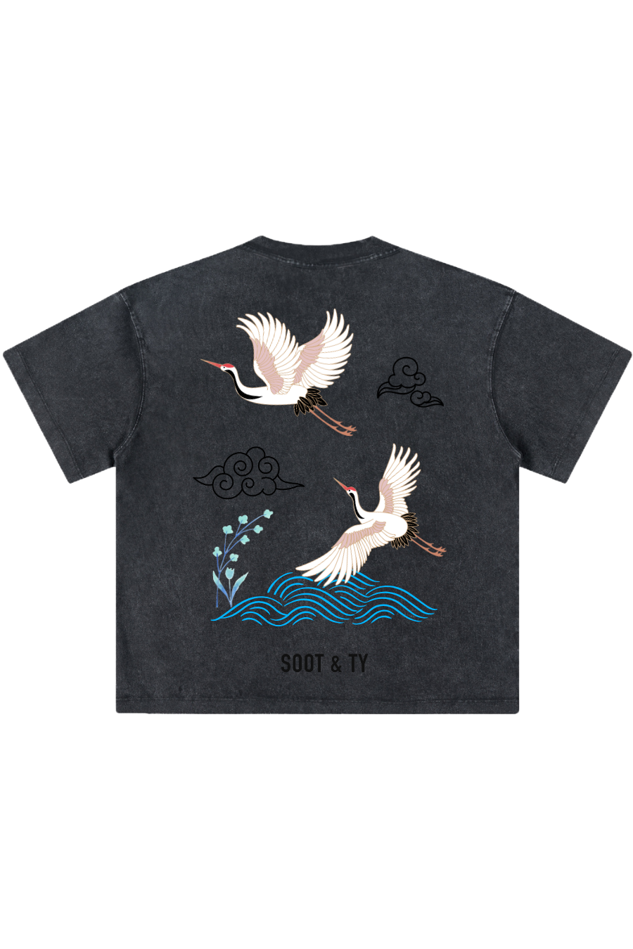 Reflective Crane Waves Relaxed Fit T-Shirt Stonewash Black