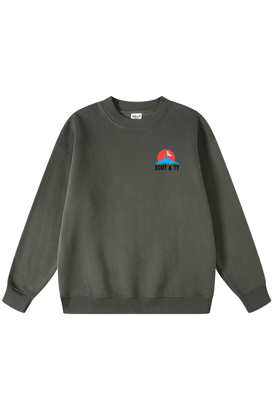 Gray sweatshirt with a logo on the chest against a white background