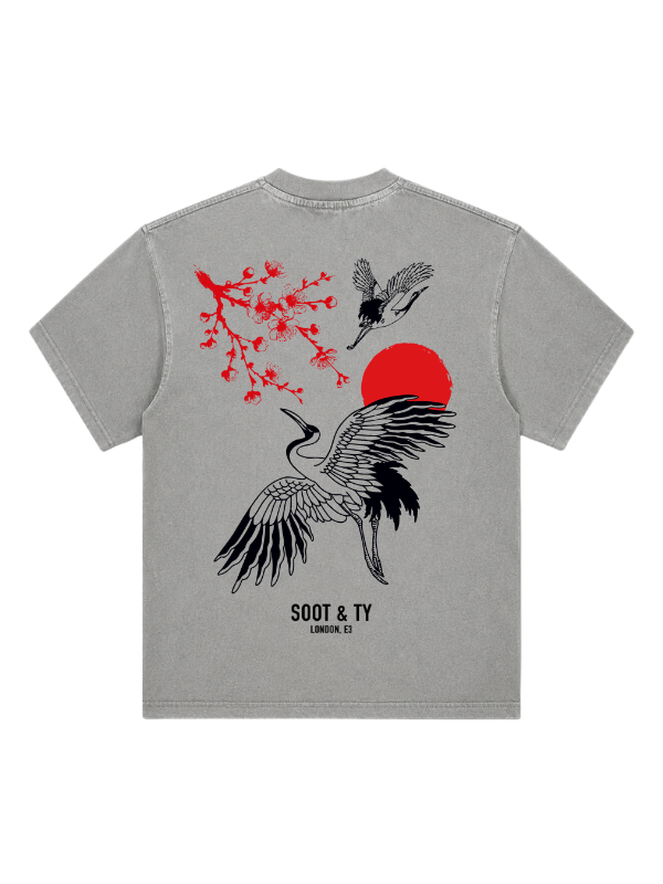Plum Crane Graphic Stonewash Oversize Fit T-Shirt