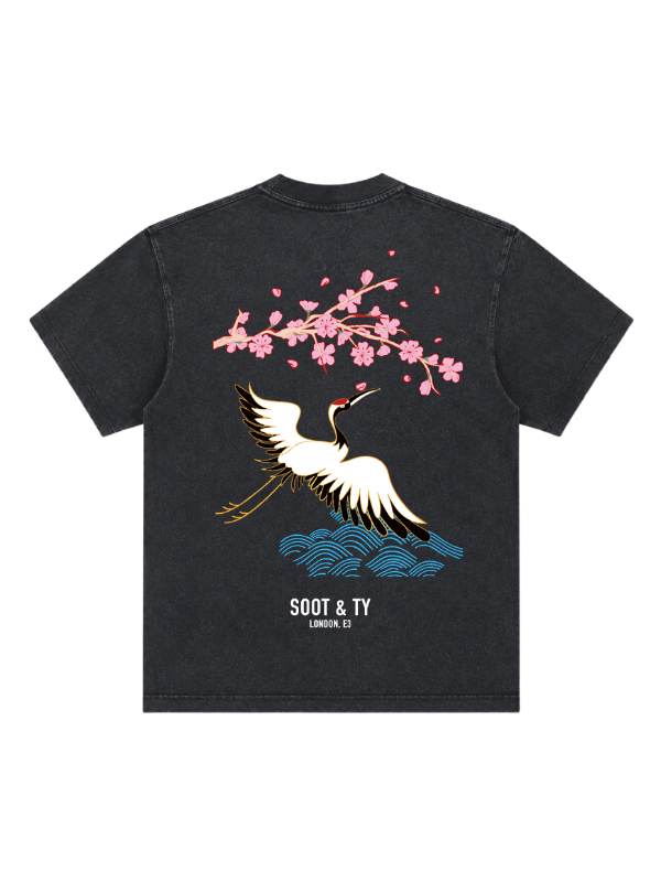 Pretty Crane Graphic Stonewash Oversize Fit T-Shirt