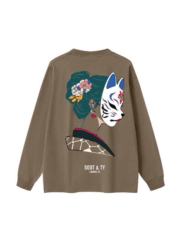 Brown sweatshirt with a graphic design of a cat-like face and floral elements on the back, brand 'Soot & Ty' visible.