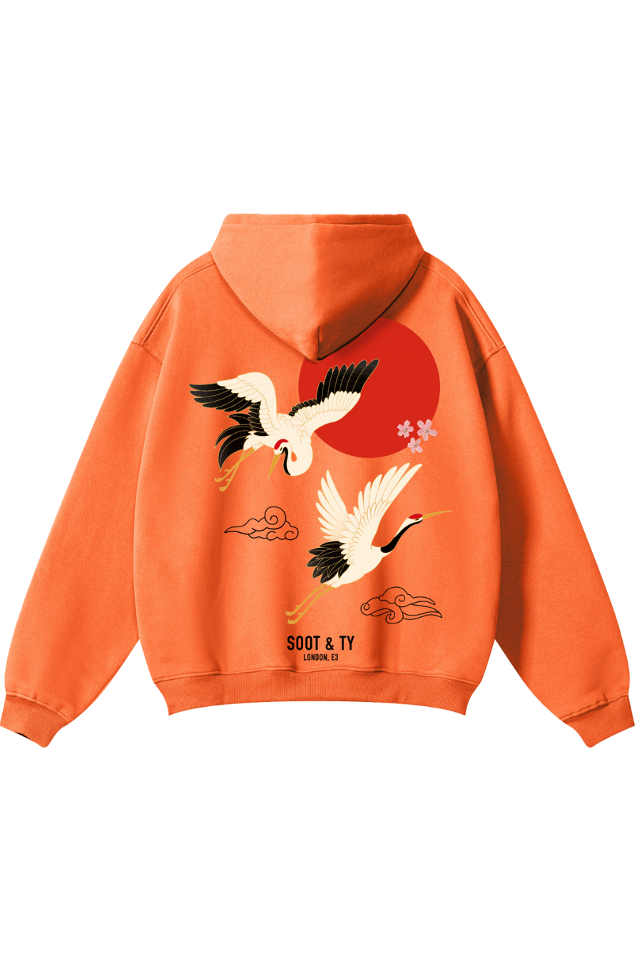 Soot and Ty Reflective Flying Crane Print Relaxed Fit Orange Hoodie