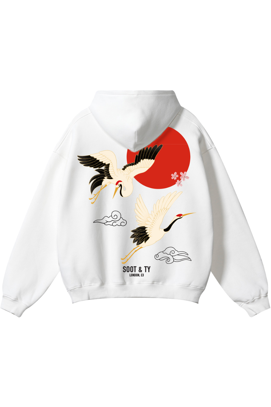 Soot and Ty Reflective Flying Crane Print Relaxed Fit White Hoodie