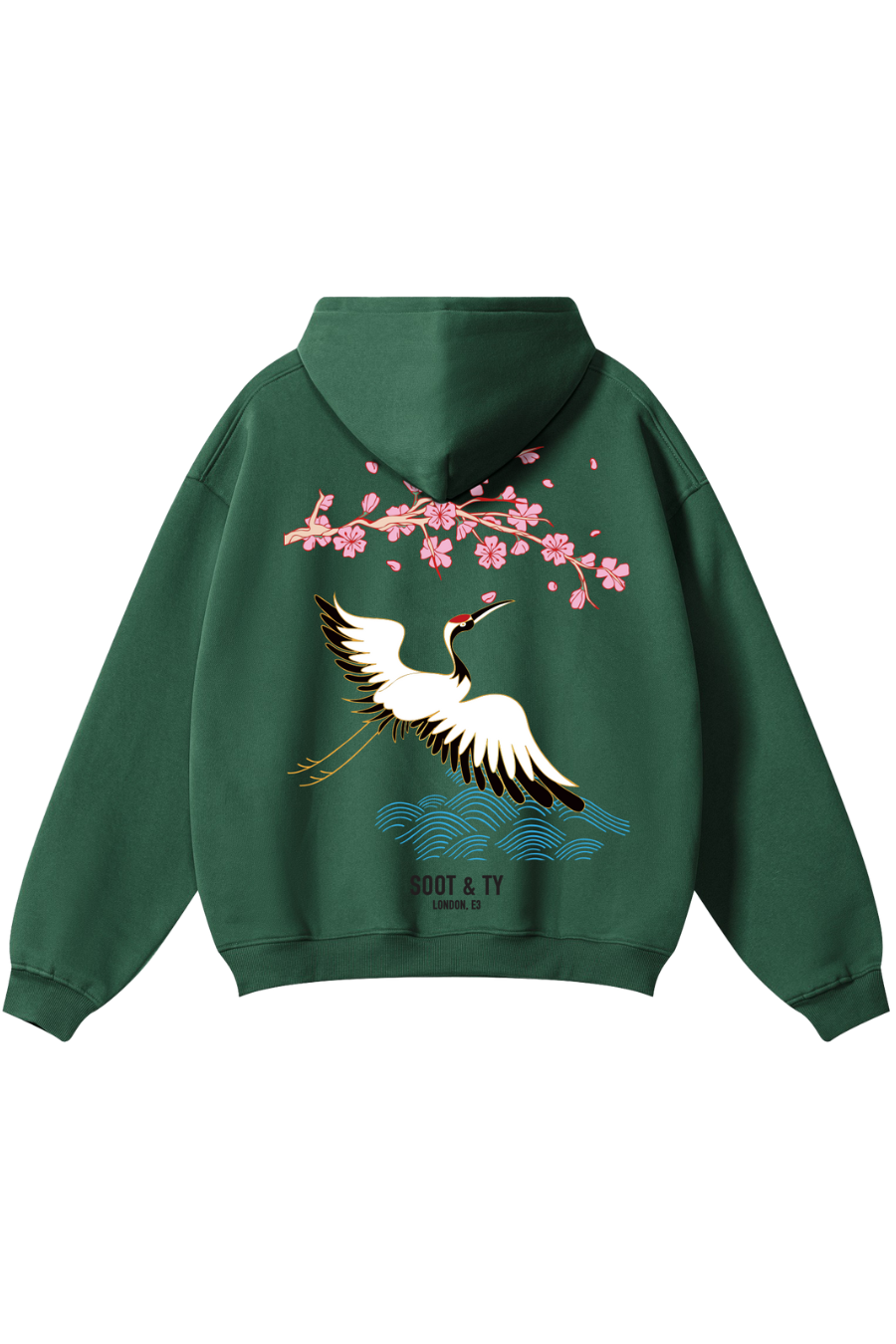 Soot and Ty Reflective Pretty Crane Print Relaxed Fit Green Hoodie