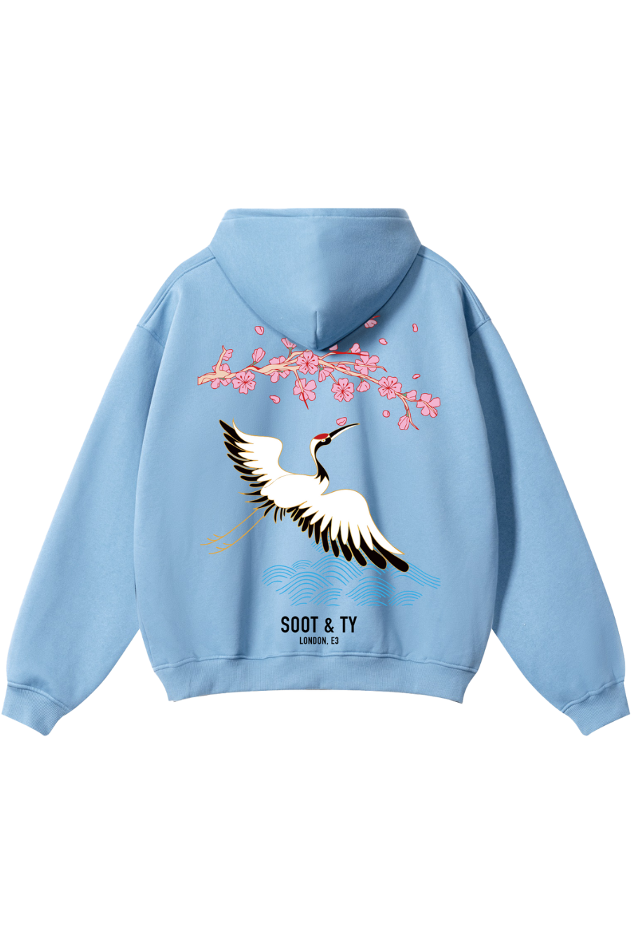 Soot and Ty Reflective Pretty Crane Print Relaxed Fit Light Blue Hoodie