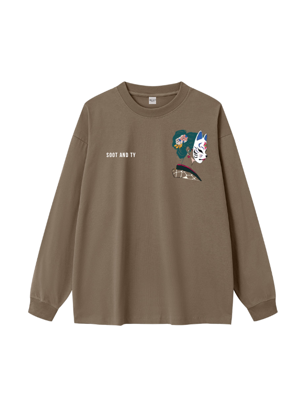 Geisha Mask Graphic Oversized Long T-Shirt