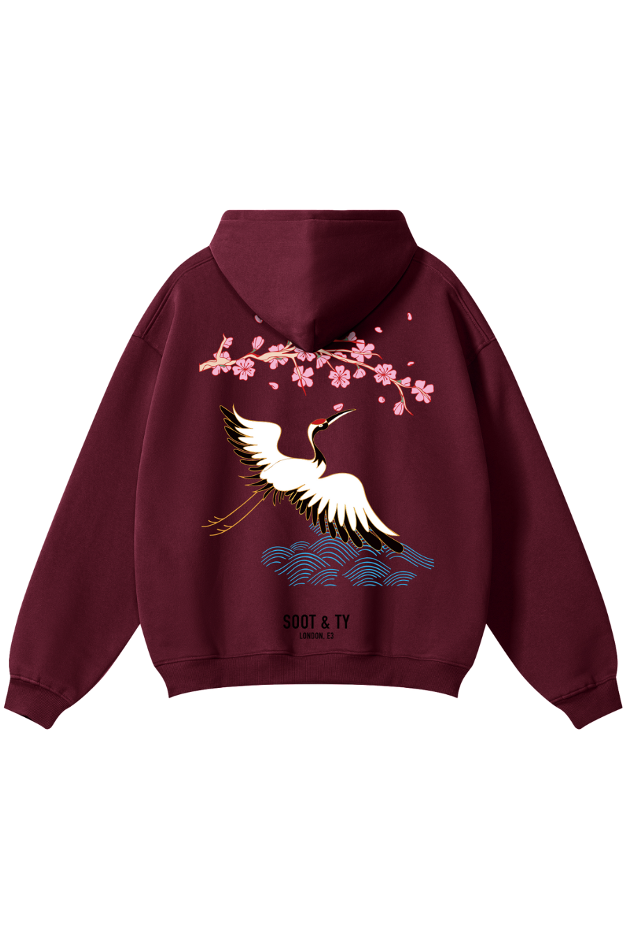 Soot and Ty Reflective Pretty Crane Print Relaxed Fit Burgundy Hoodie