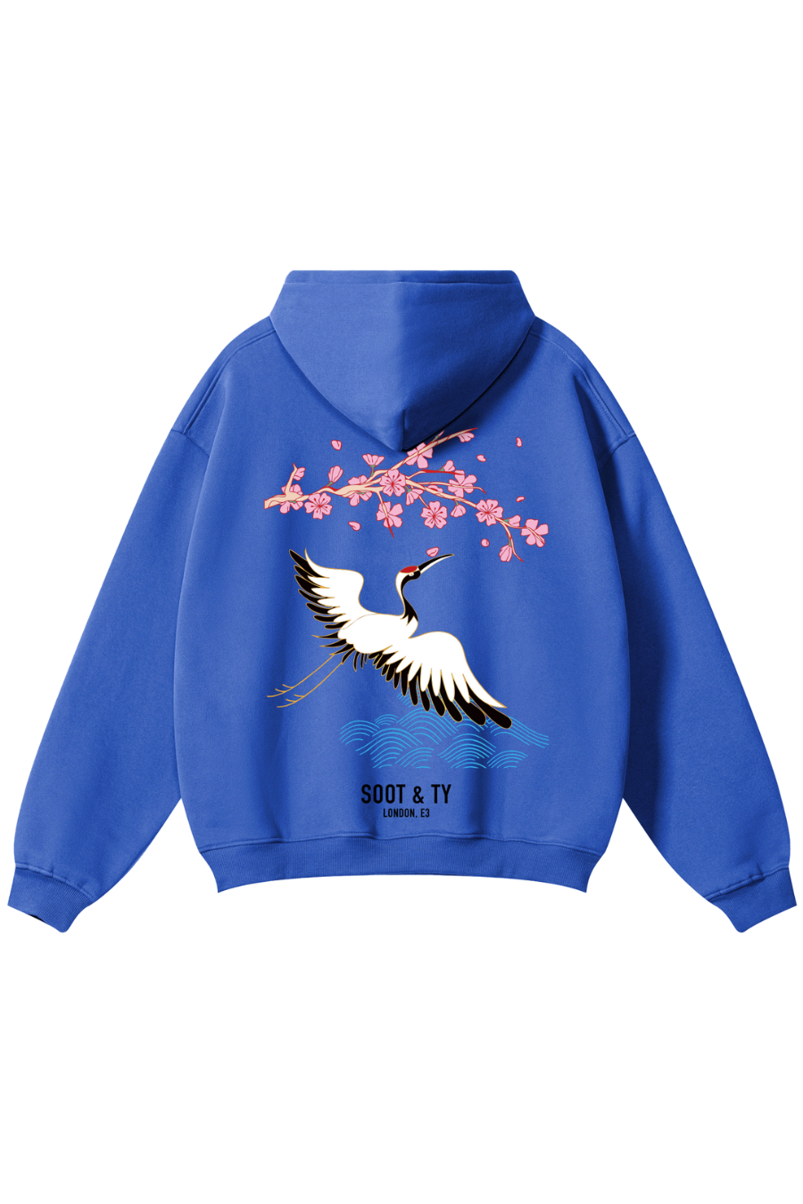 Soot and Ty Reflective Pretty Crane Print Relaxed Fit Blue Hoodie