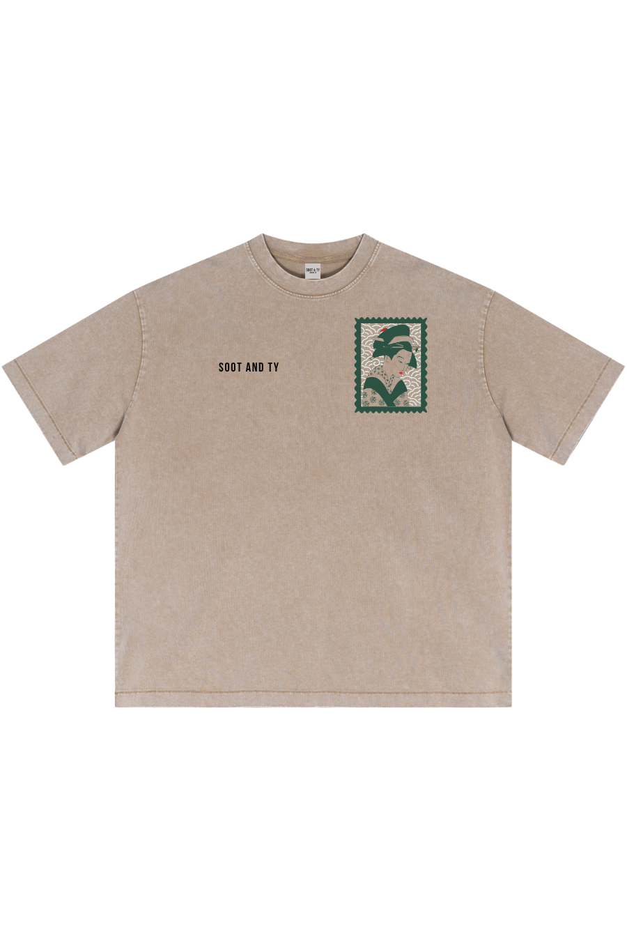 Beige Stonewash Geisha Stamp Oversize Fit T-Shirt