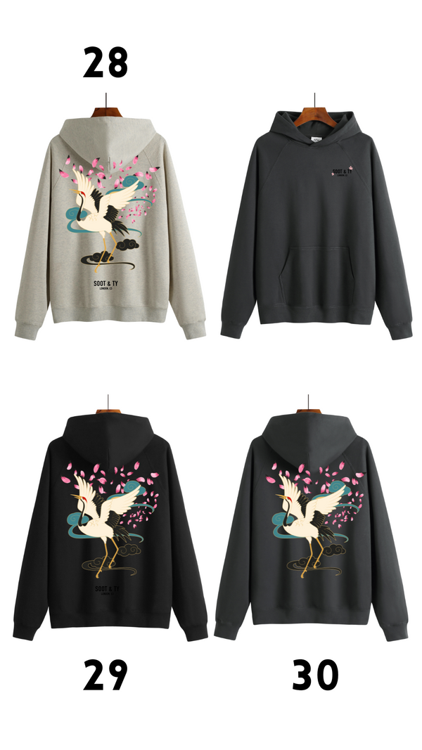 Soot and Ty Reflective Dancing Crane Print Relaxed Fit Hoodie
