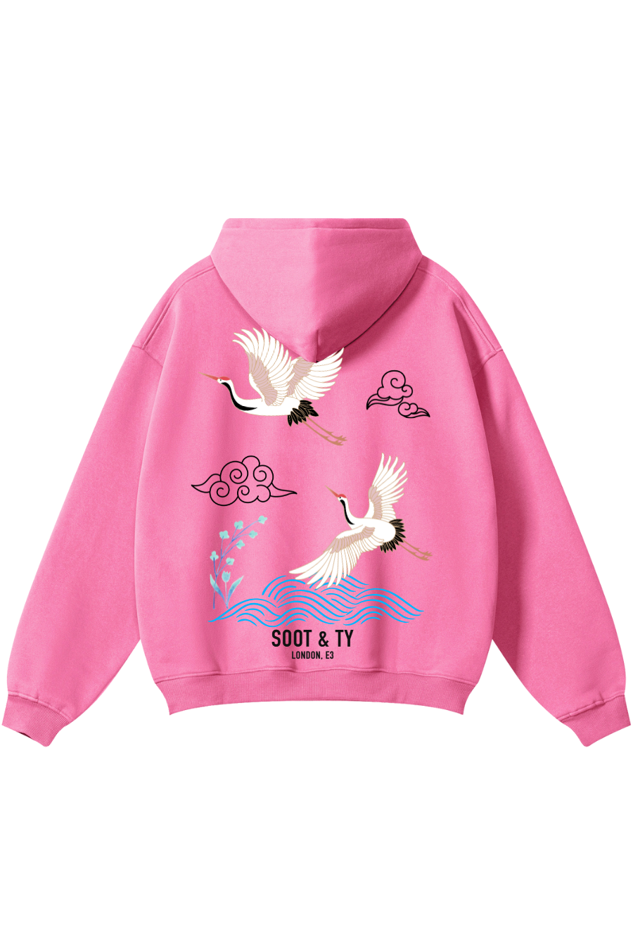 Reflective Crane Waves Print Relaxed Fit Hoodie