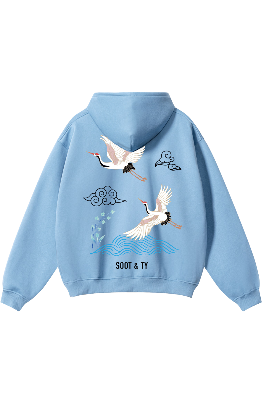 Reflective Crane Waves Print Relaxed Fit Hoodie