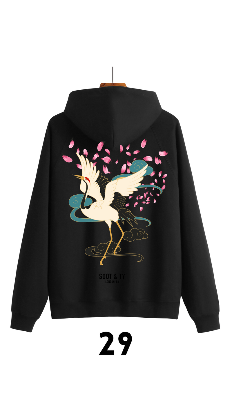 Soot and Ty Reflective Dancing Crane Print Relaxed Fit Hoodie