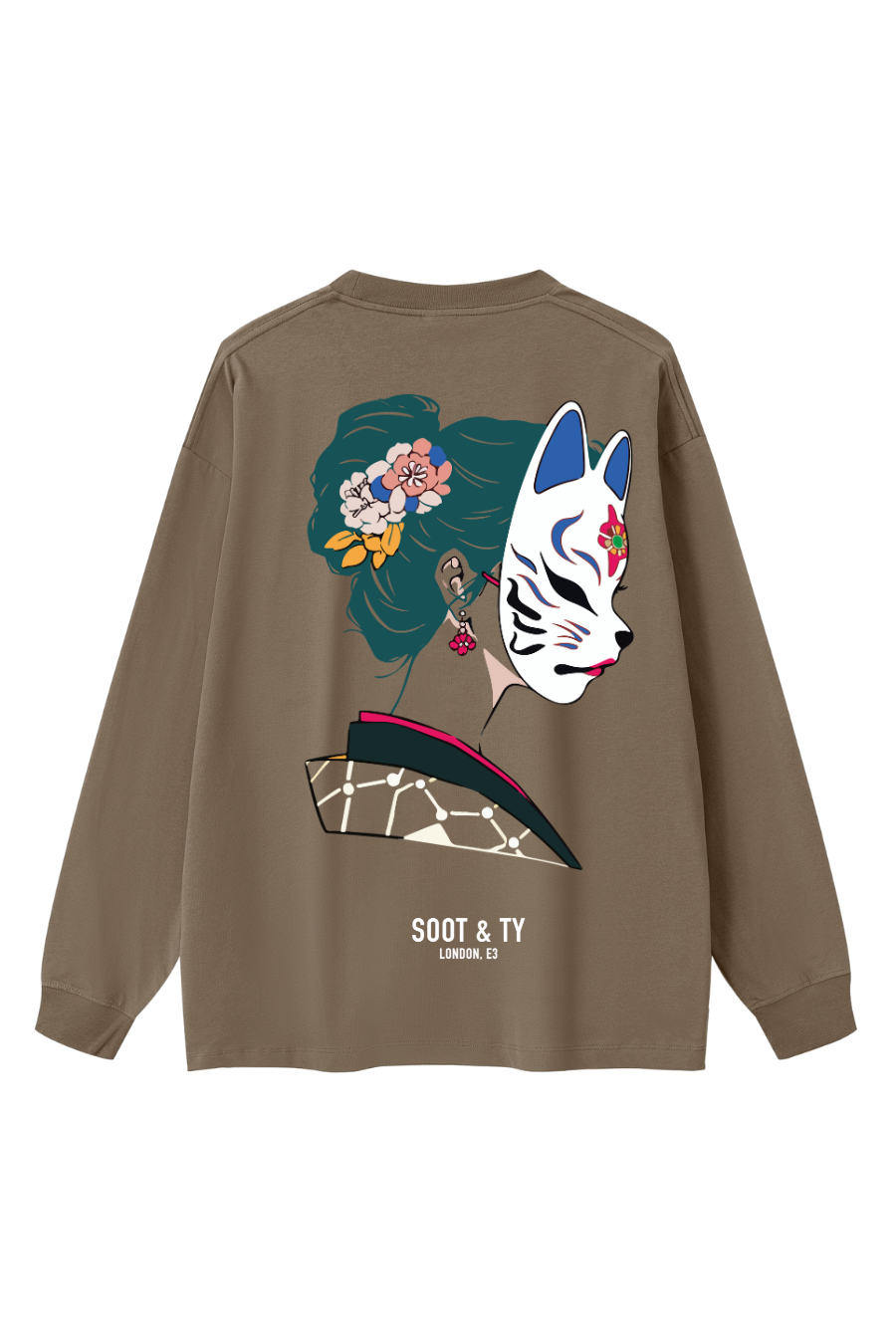 Brown sweatshirt with a graphic design on the back featuring a mask and floral elements, displayed on a white background.