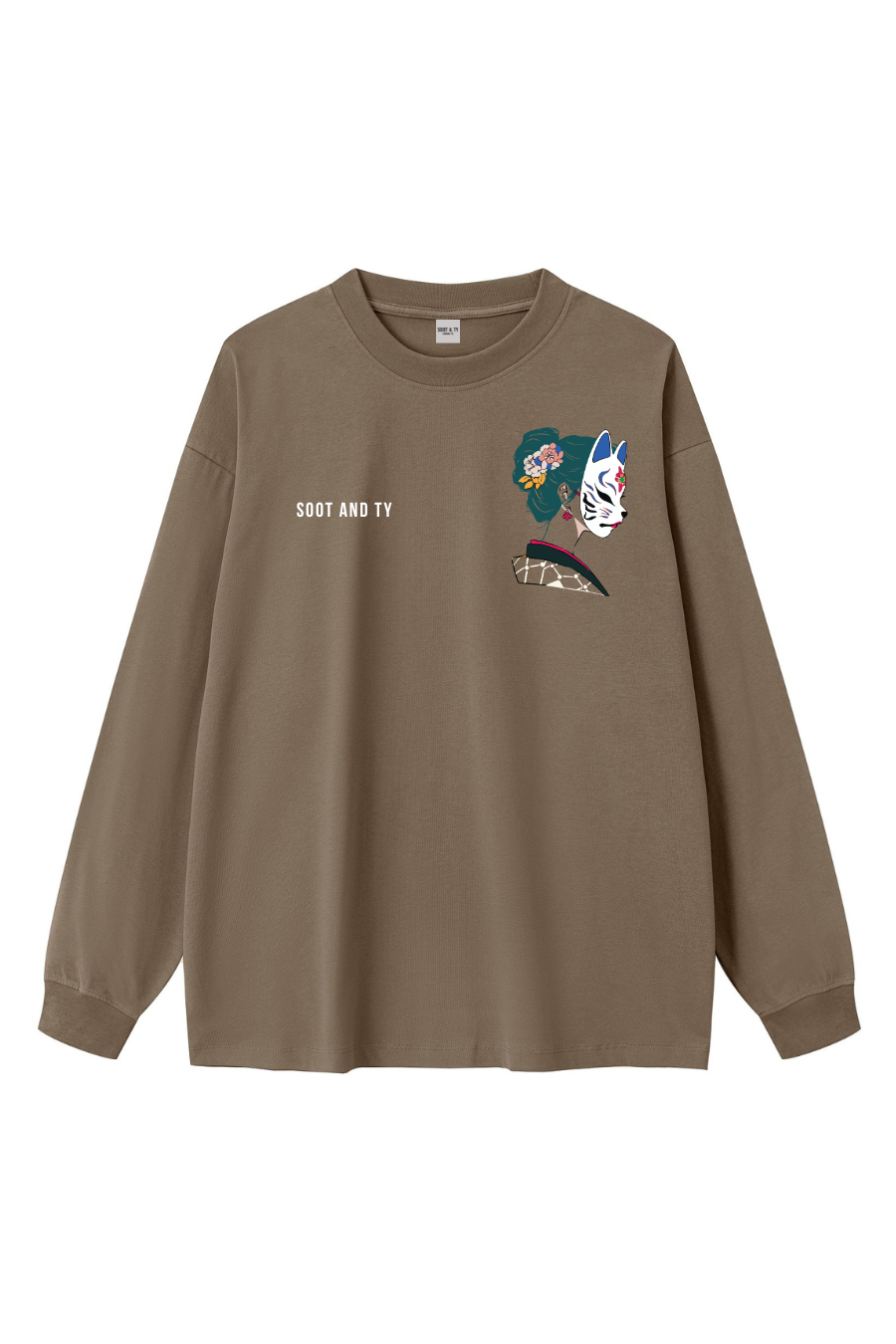 Brown long-sleeve shirt with a graphic design on a white background