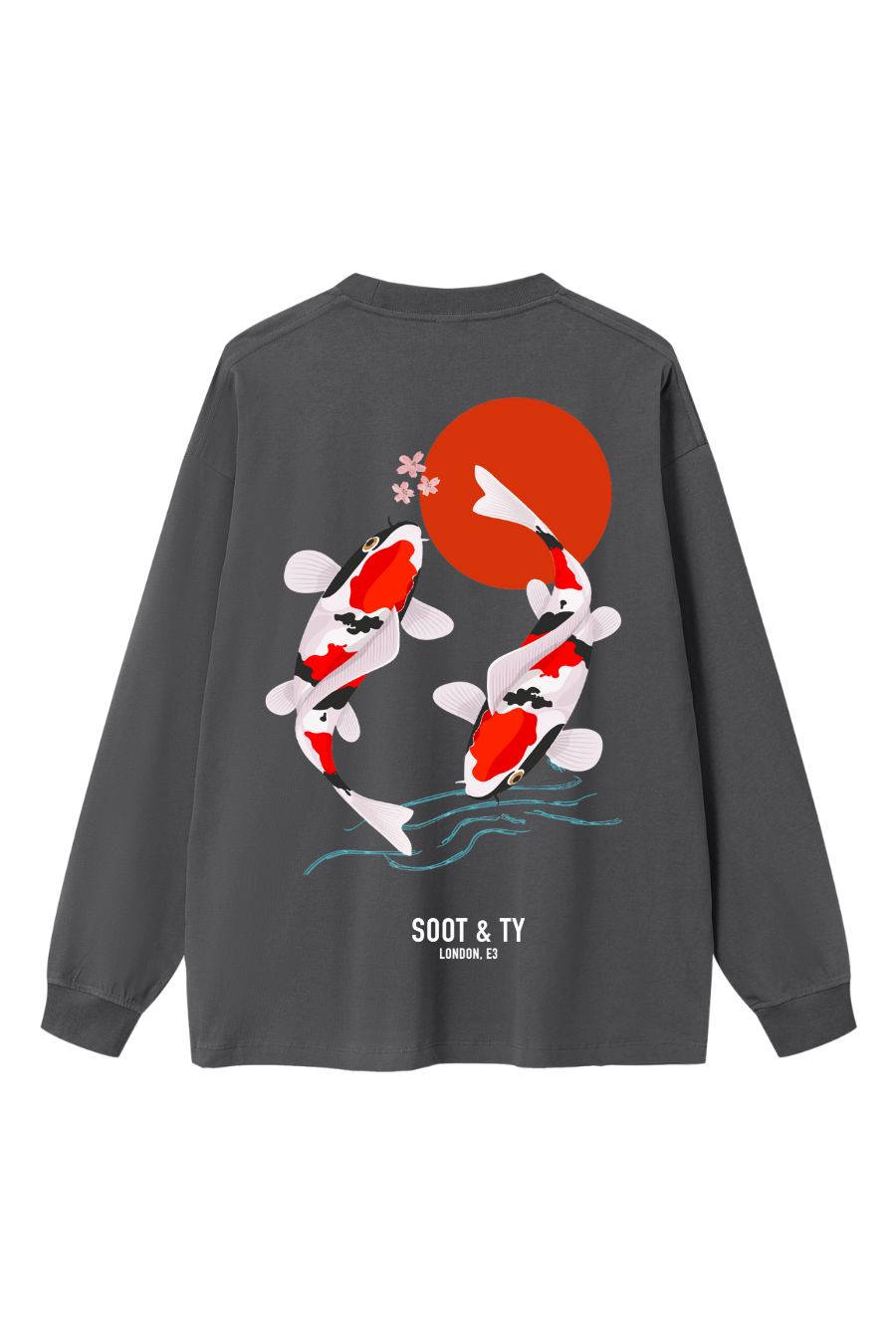 Gray sweatshirt with koi fish design on the back, brand 'Soot & Ty' visible.