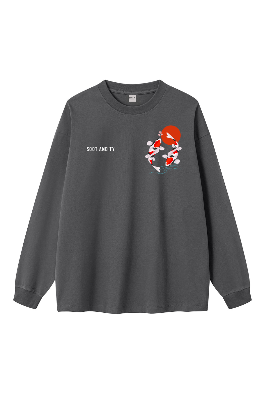 Gray long-sleeve shirt with a graphic design on a white background