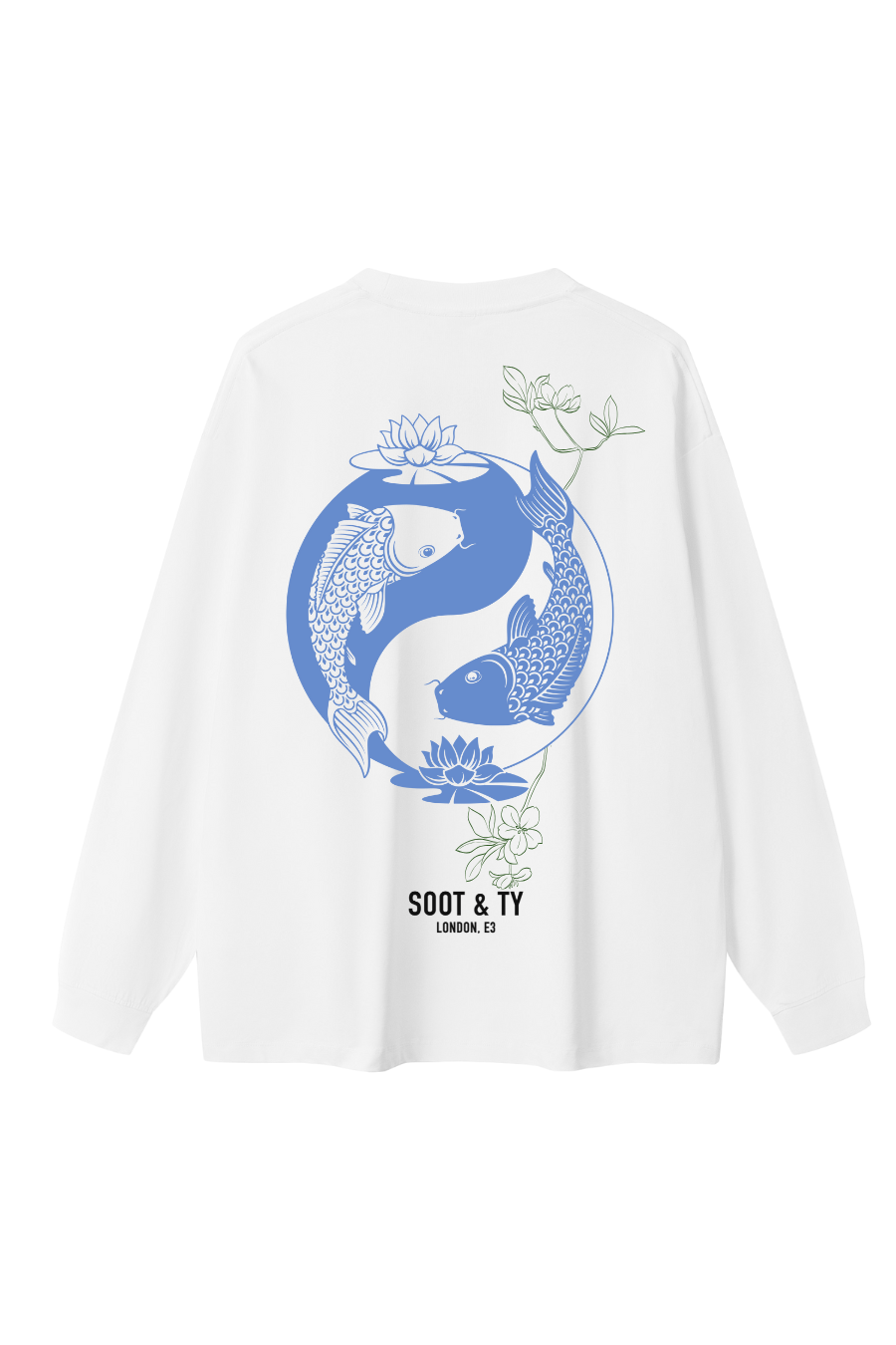 White sweatshirt with blue graphic design on a white background