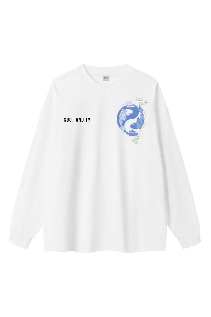 White long-sleeve shirt with a logo and text on a white background