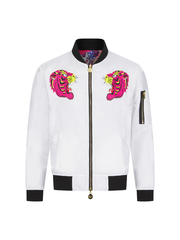White Lumiere Tiger Sukajan Reversible Bomber Jacket