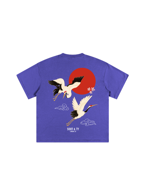 Purple t-shirt with stork and sun design on a white background