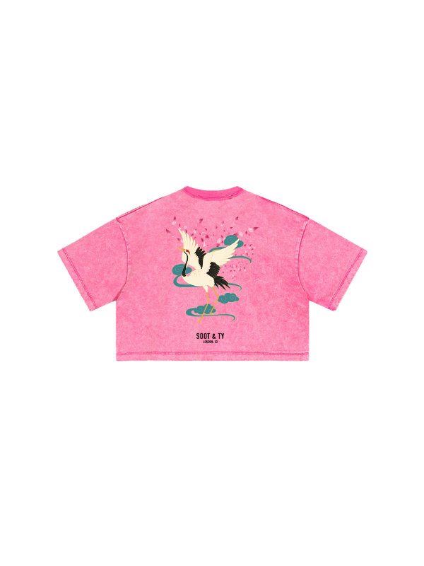 Kids/Petite Dancing Crane Print Crop T-Shirt