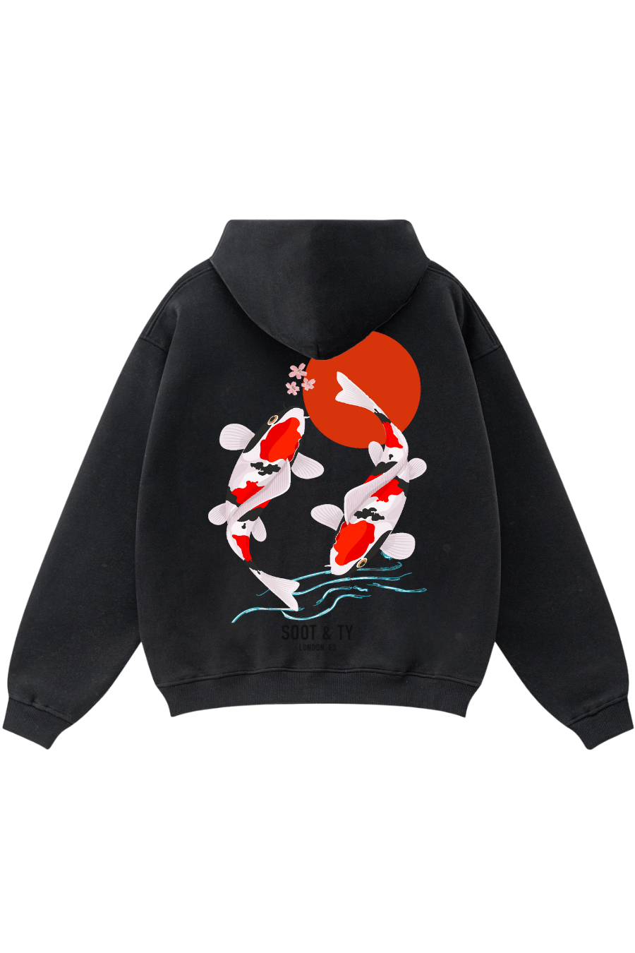 Black hoodie with koi fish and sun design on the back against a white background