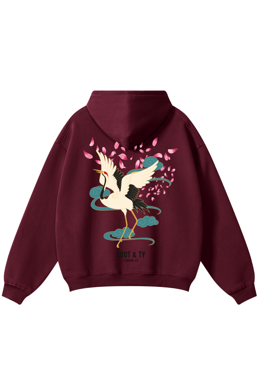 Maroon sweatshirt with a crane and floral design on a white background