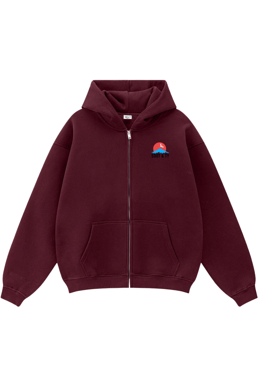Maroon hoodie with a small logo on a white background