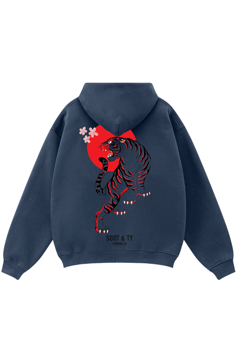 Navy blue hoodie with a tiger design on the back against a white background