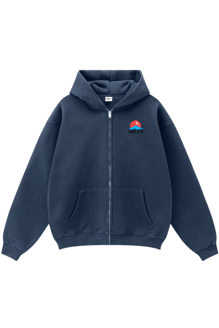 Navy blue hoodie with a small colorful logo on a white background