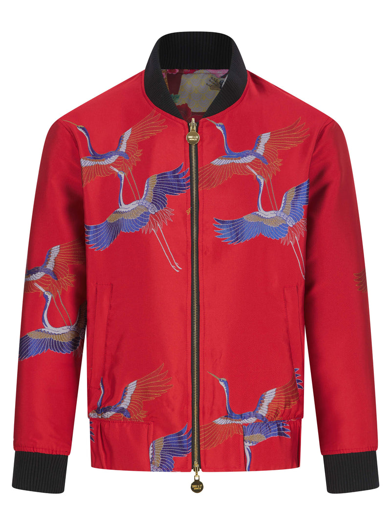 Soot and Ty Red 2 Crane Jacquard Reversible Statement Bomber Jacket