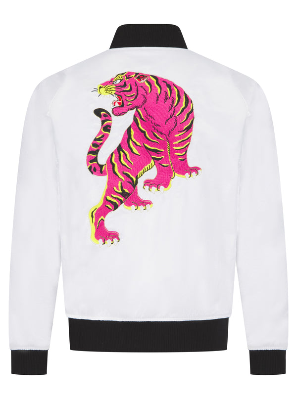 Soot and Ty Hot White Lumiere Reversible Tiger Sukajan Bomber Jacket