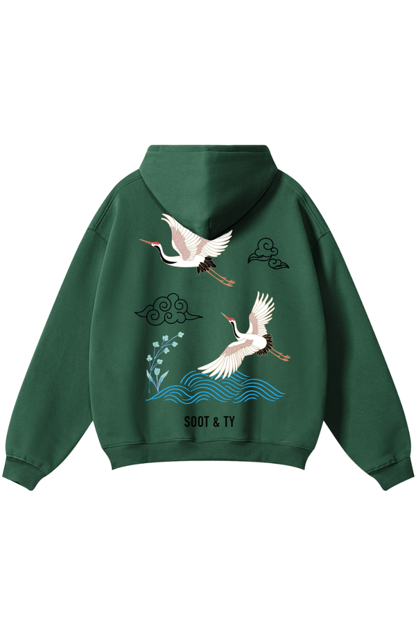 Reflective Crane Waves Print Relaxed Fit Hoodie