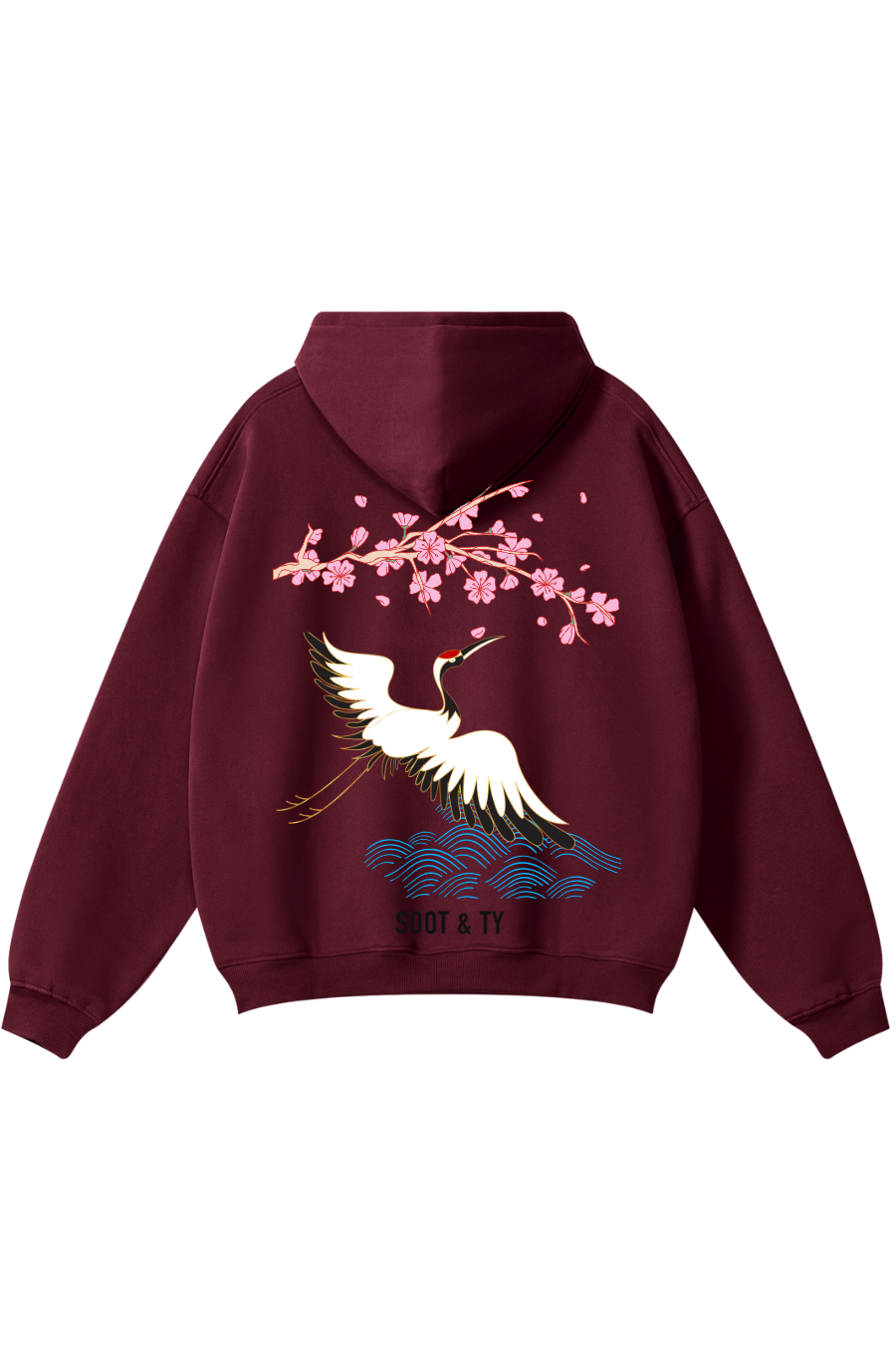 Zip-Up Reflective Pretty Crane Print Relaxed Fit Hoodie