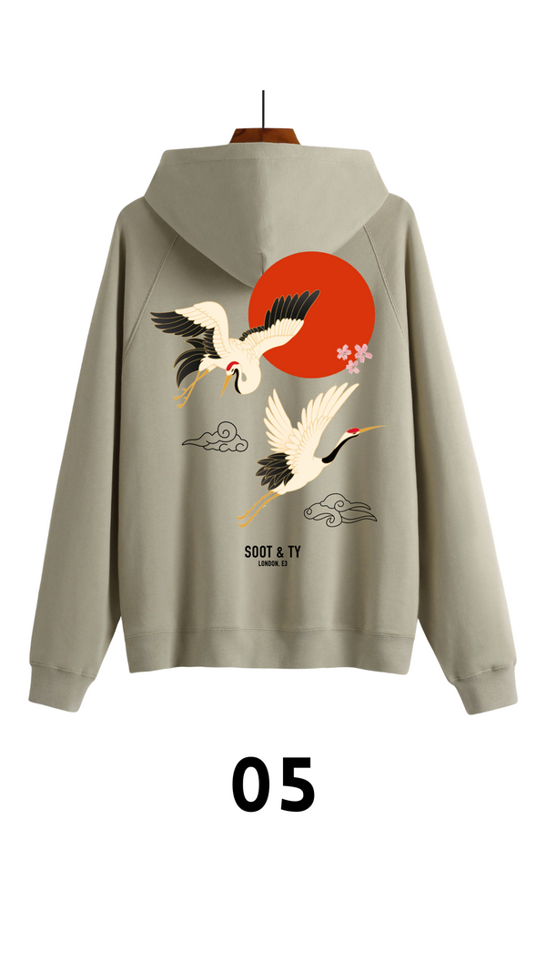 Soot and Ty Reflective Flying Crane Print Relaxed Fit Hoodie