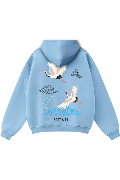 Zip-Up Reflective Crane Waves Print Relaxed Fit Hoodie