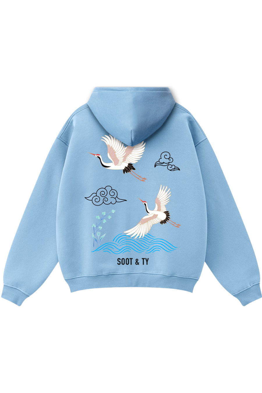 Zip-Up Reflective Crane Waves Print Relaxed Fit Hoodie