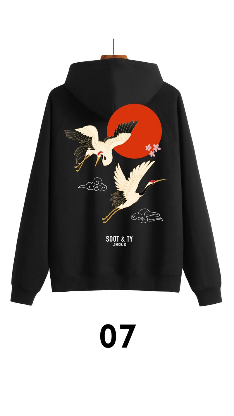Soot and Ty Reflective Flying Crane Print Relaxed Fit Hoodie