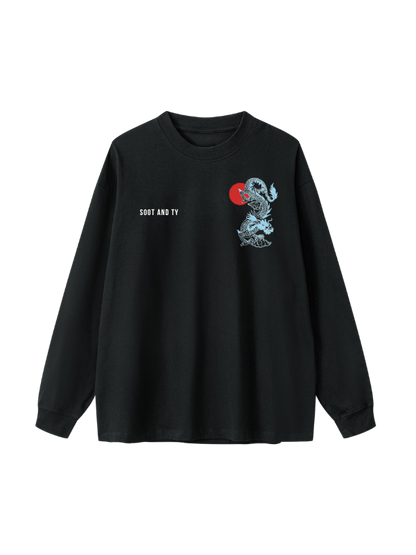 Blue Dragon Graphic Oversized Long T-Shirt – Black