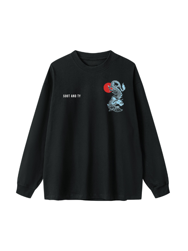 Blue Dragon Graphic Oversized Long T-Shirt – Black