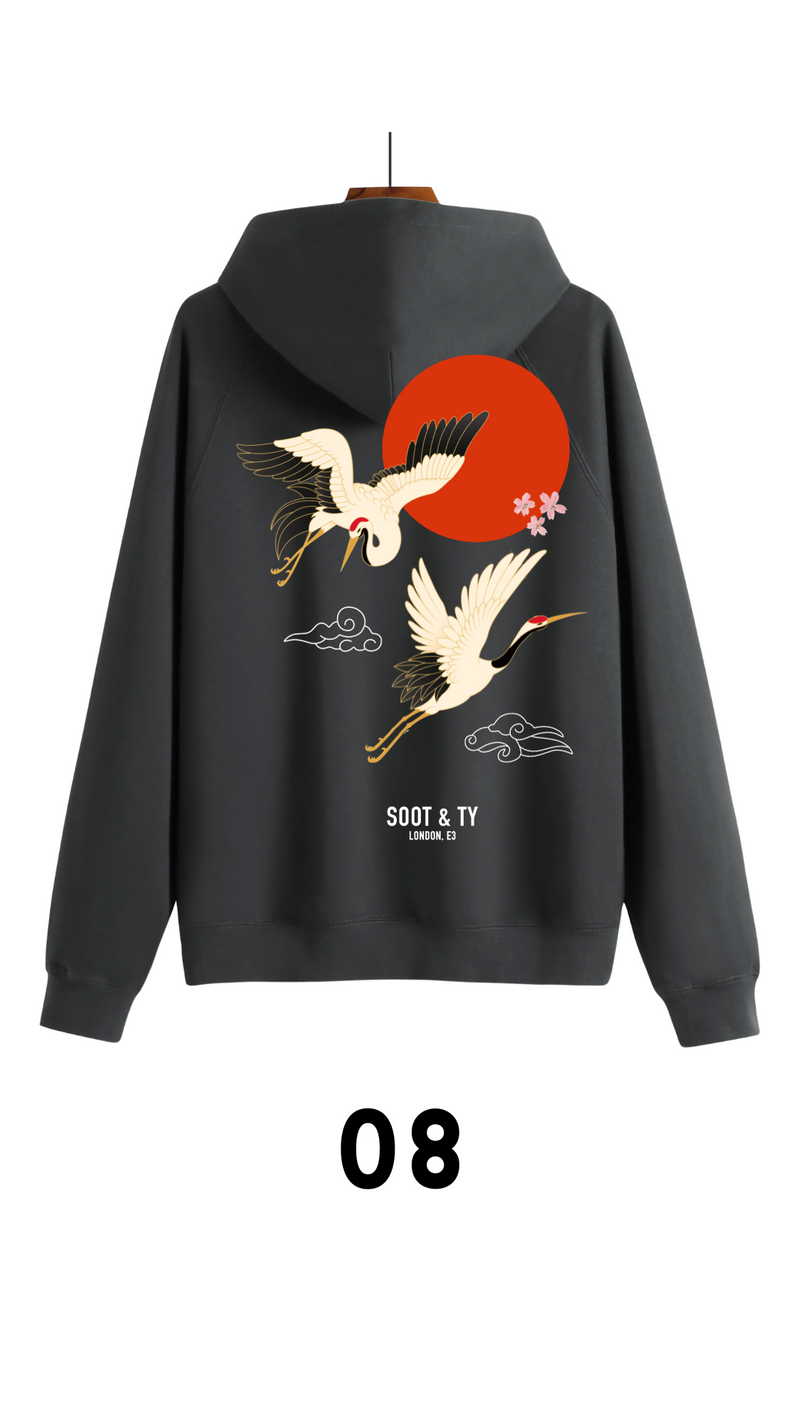 Soot and Ty Reflective Flying Crane Print Relaxed Fit Hoodie