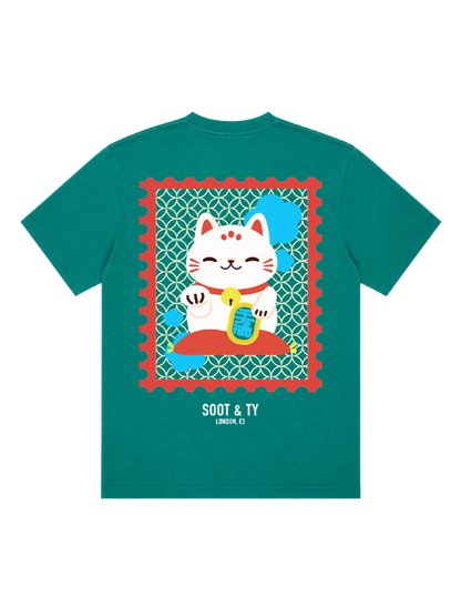 Lucky Cat Graphic Stonewash Oversize Fit T-Shirt