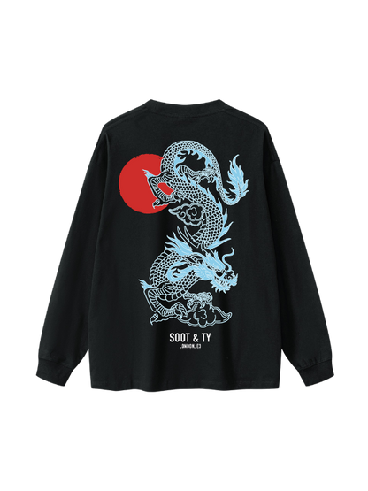Blue Dragon Graphic Oversized Long T-Shirt – Black