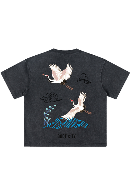 Crane Waves Reflective Graphic Relaxed Fit T-Shirt – Stonewash Black