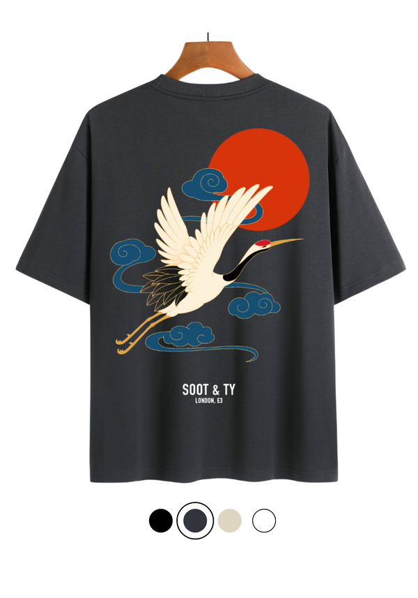 Soot and Ty Single Flying Crane Print Relaxed Fit T-Shirt