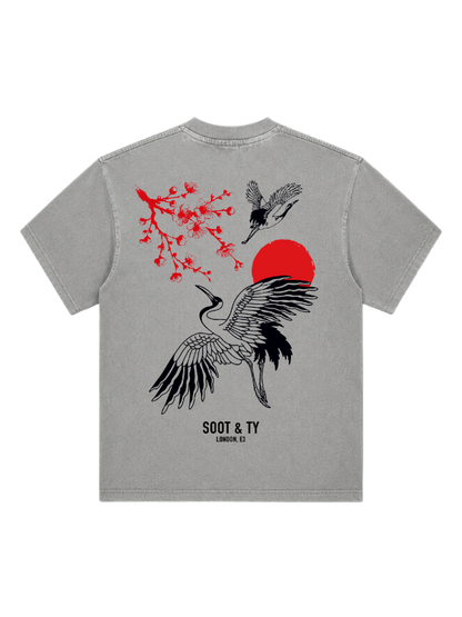 Plum Crane Graphic Stonewash Oversize Fit T-Shirt