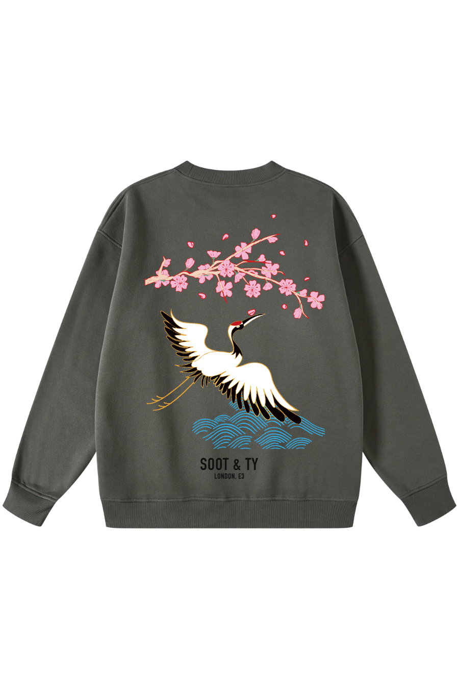 Gray sweatshirt with crane and cherry blossom design on a white background