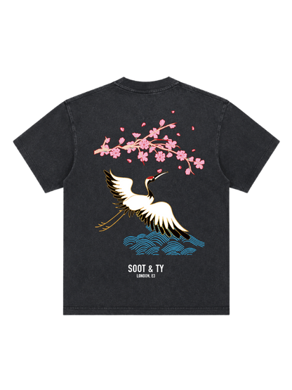 Pretty Crane Graphic Stonewash Oversize Fit T-Shirt